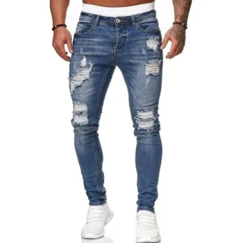Fashion Street Style Ripped Skinny Jeans Men Vintage Wash Solid Denim Trouser Mens Casual Slim Fit Pencil Denim Pants